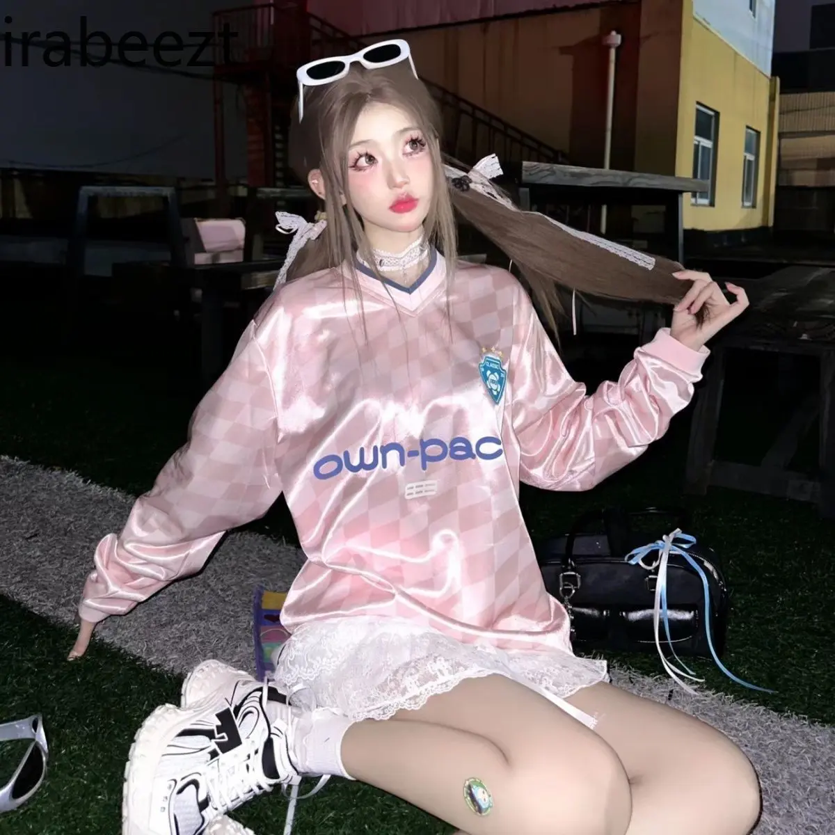 Fashion American Retro Jersey New Autumn Diamond Color Contrast Long Sleeve Loose Design Sports Tops Women Graphic T Shirts