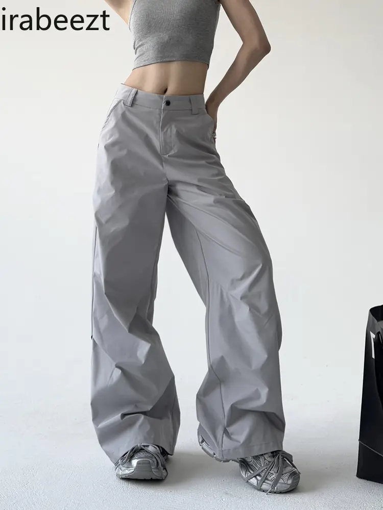 2025 Spring and Summer Trousers Women's New Loose Tibetan Gray American High Street Pleated Slimming Sports Wide Leg Pants