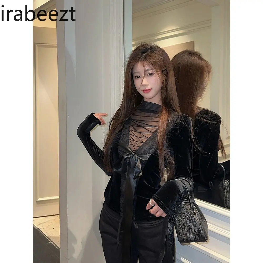 See-Through Tee with Lace Ruffle Details Spring Semi-Turtleneck Base Layer Two-Piece Set Soft-Sexy Layering Piece for Women