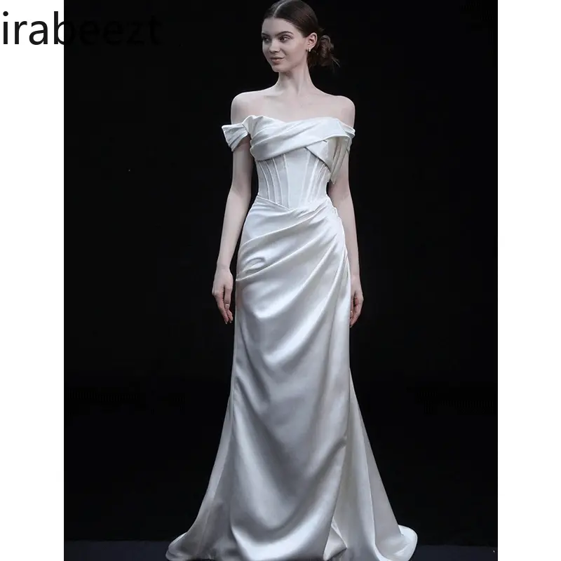 Summer New Arrival French Style One-Shoulder Satin White Dress for Women - Minimalist Aesthetic Soft Mermaid Tail Gown