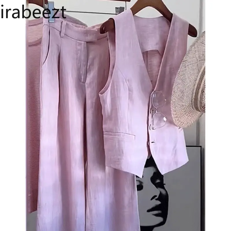 Luxury Pink Linen Suit Women 2025 - Elegant Summer Vest & Pants Set Holiday Outfit Casual Chic​  Two Piece Set Women