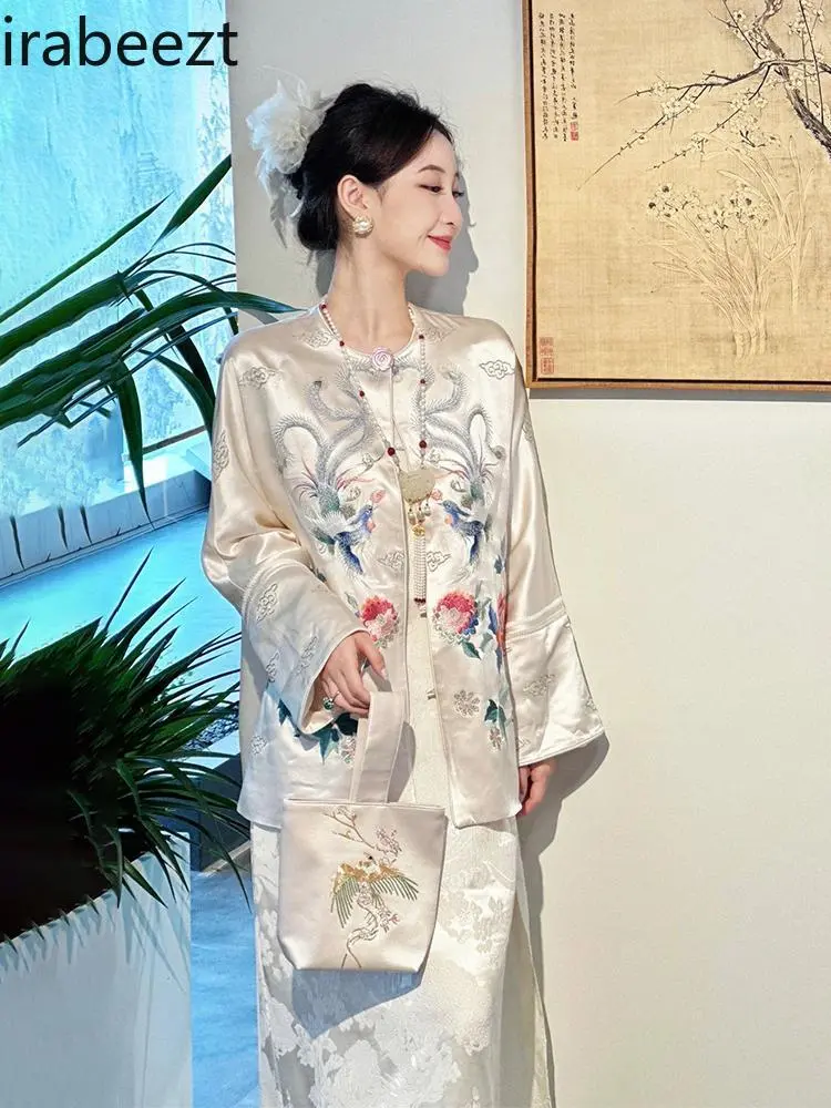 2025 New Chinese Style Women's Outfit - Elegant Zen Boho Two-Piece Set with Embroidered Top & Flowy Skirt Autumn Collection