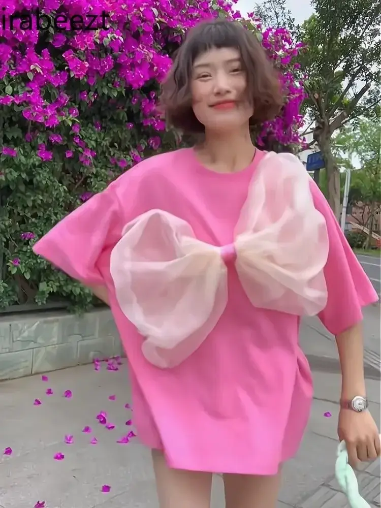 Niche Design Sense Organza Big Bow Design Sense Blouse Pink Short-sleeved Foreign Style Lazy Half-sleeved Top Oversized T Shirt