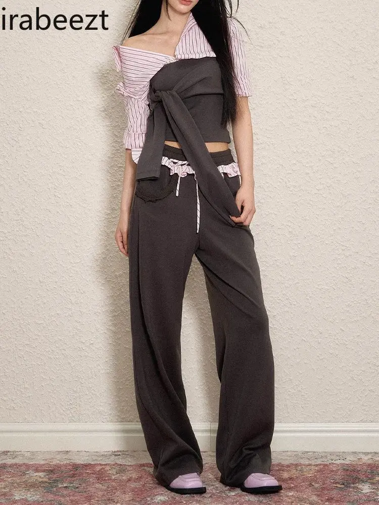 Spring 2025 New Women's Two-Piece Set - Contrast Color-Block Striped Top with Strappy Details & Lace-Trimmed Waist Sweatpants