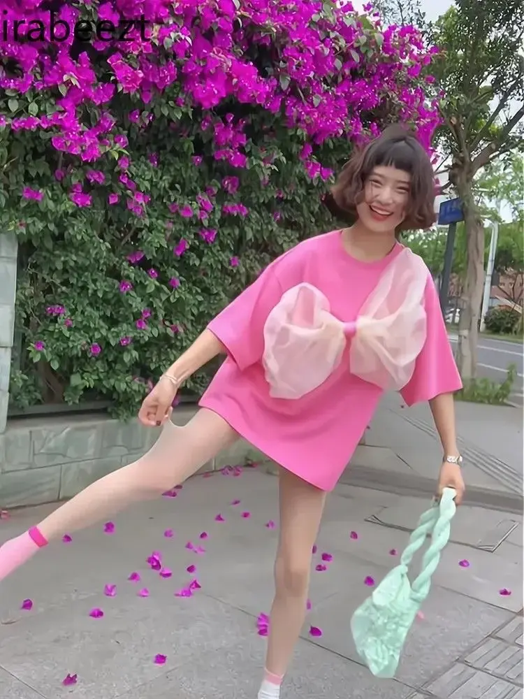 Niche Design Sense Organza Big Bow Design Sense Blouse Pink Short-sleeved Foreign Style Lazy Half-sleeved Top Oversized T Shirt