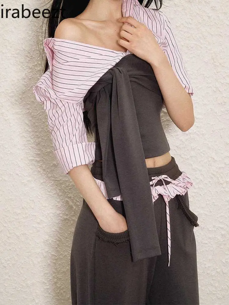 Spring 2025 New Women's Two-Piece Set - Contrast Color-Block Striped Top with Strappy Details & Lace-Trimmed Waist Sweatpants