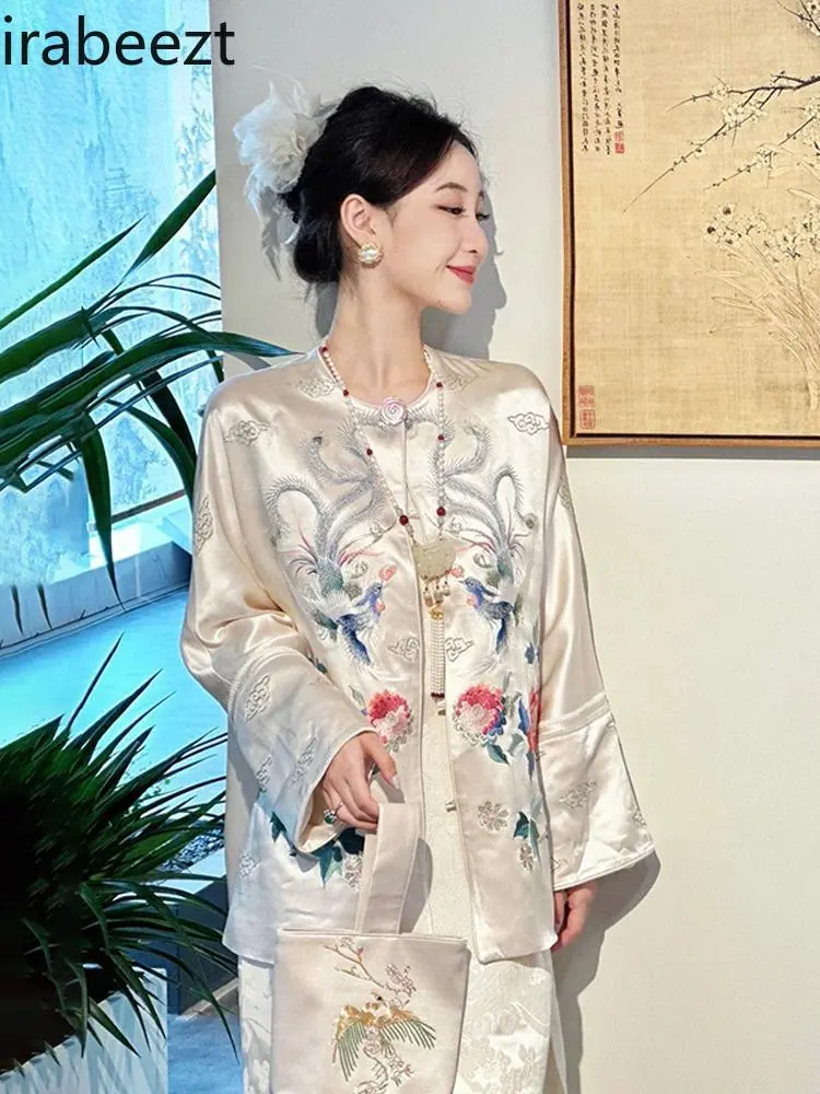 2025 New Chinese Style Women's Outfit - Elegant Zen Boho Two-Piece Set with Embroidered Top & Flowy Skirt Autumn Collection