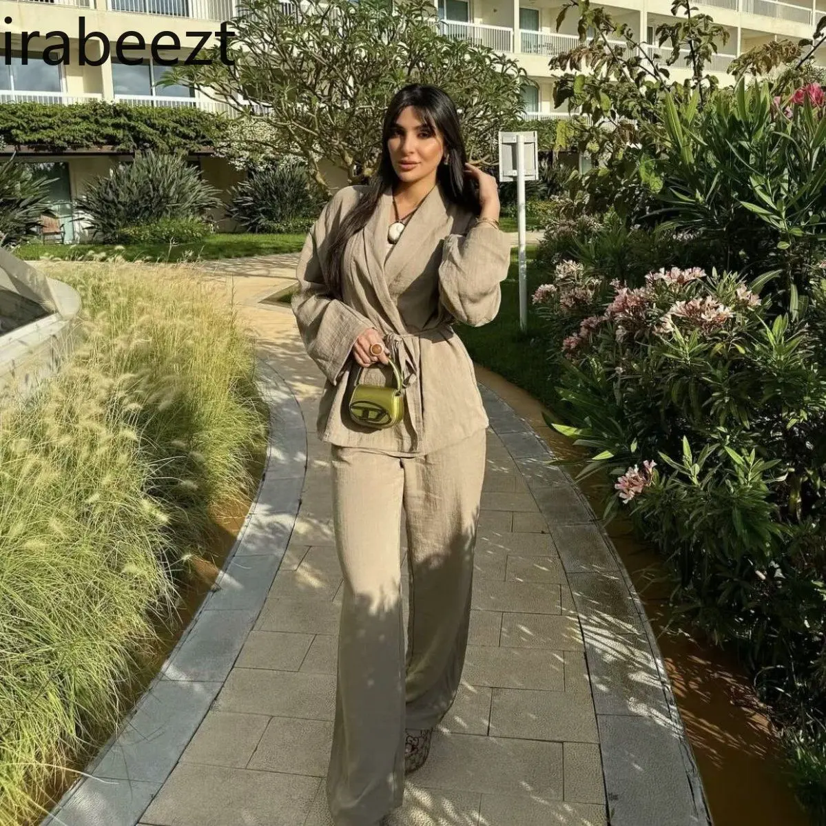 European High-Fashion 2025 Women's Two-Piece Set Tie-Front Top with Wide-Leg Pants Oriental-Inspired Fusion Outfit for Women