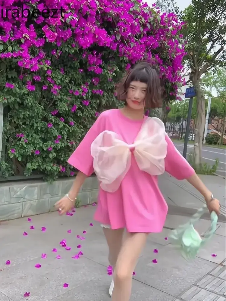 Niche Design Sense Organza Big Bow Design Sense Blouse Pink Short-sleeved Foreign Style Lazy Half-sleeved Top Oversized T Shirt