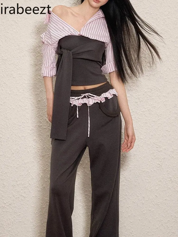 Spring 2025 New Women's Two-Piece Set - Contrast Color-Block Striped Top with Strappy Details & Lace-Trimmed Waist Sweatpants
