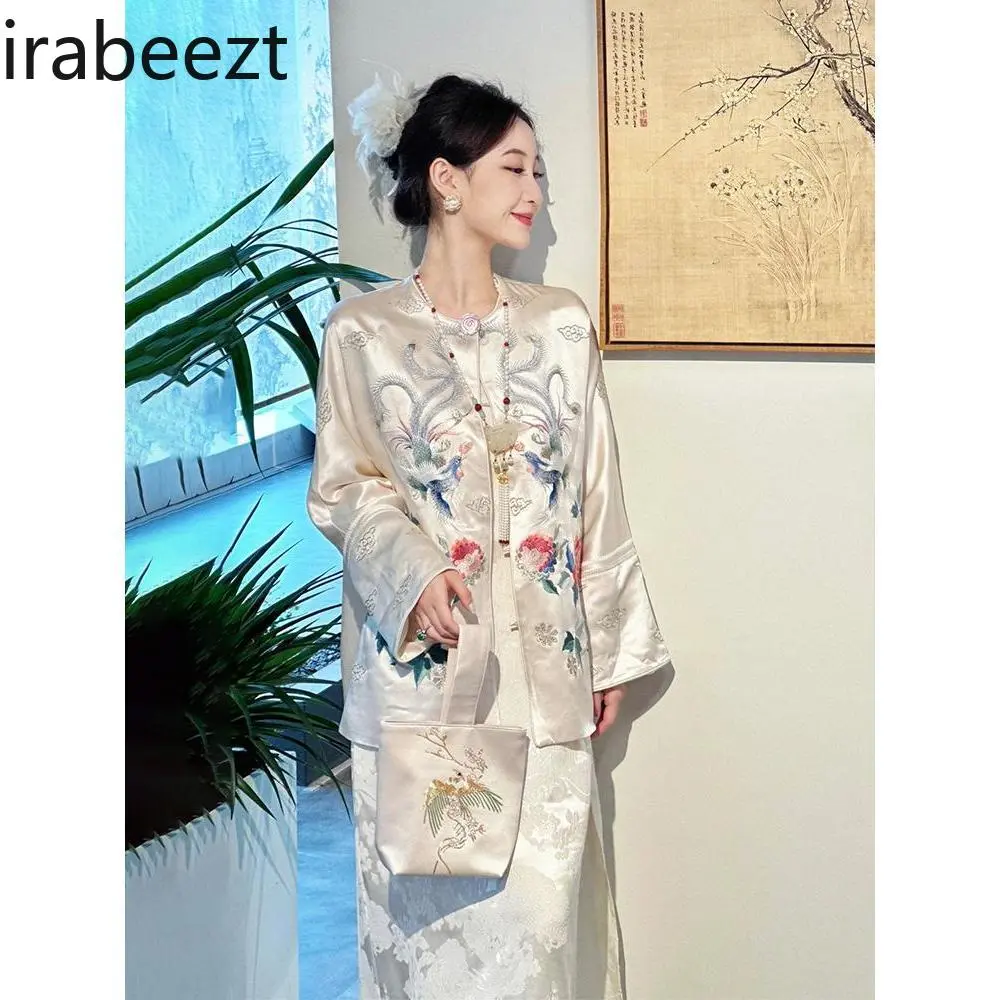 2025 New Chinese Style Women's Outfit - Elegant Zen Boho Two-Piece Set with Embroidered Top & Flowy Skirt Autumn Collection
