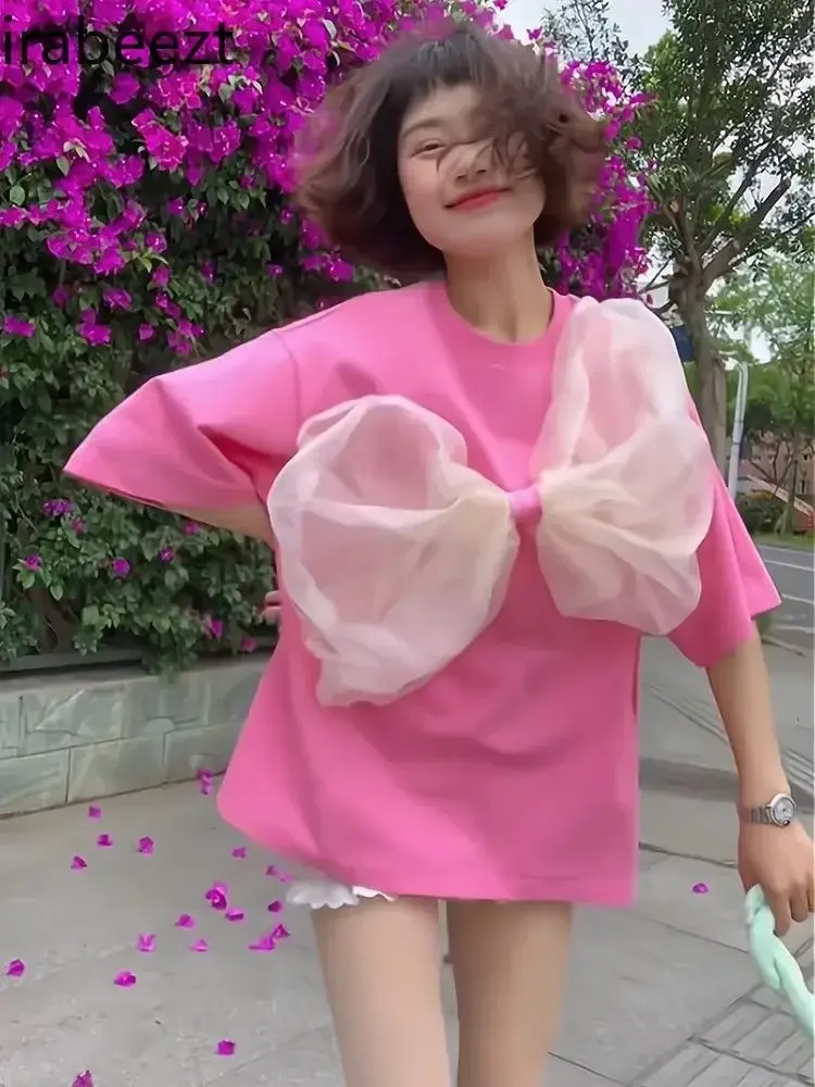 Niche Design Sense Organza Big Bow Design Sense Blouse Pink Short-sleeved Foreign Style Lazy Half-sleeved Top Oversized T Shirt