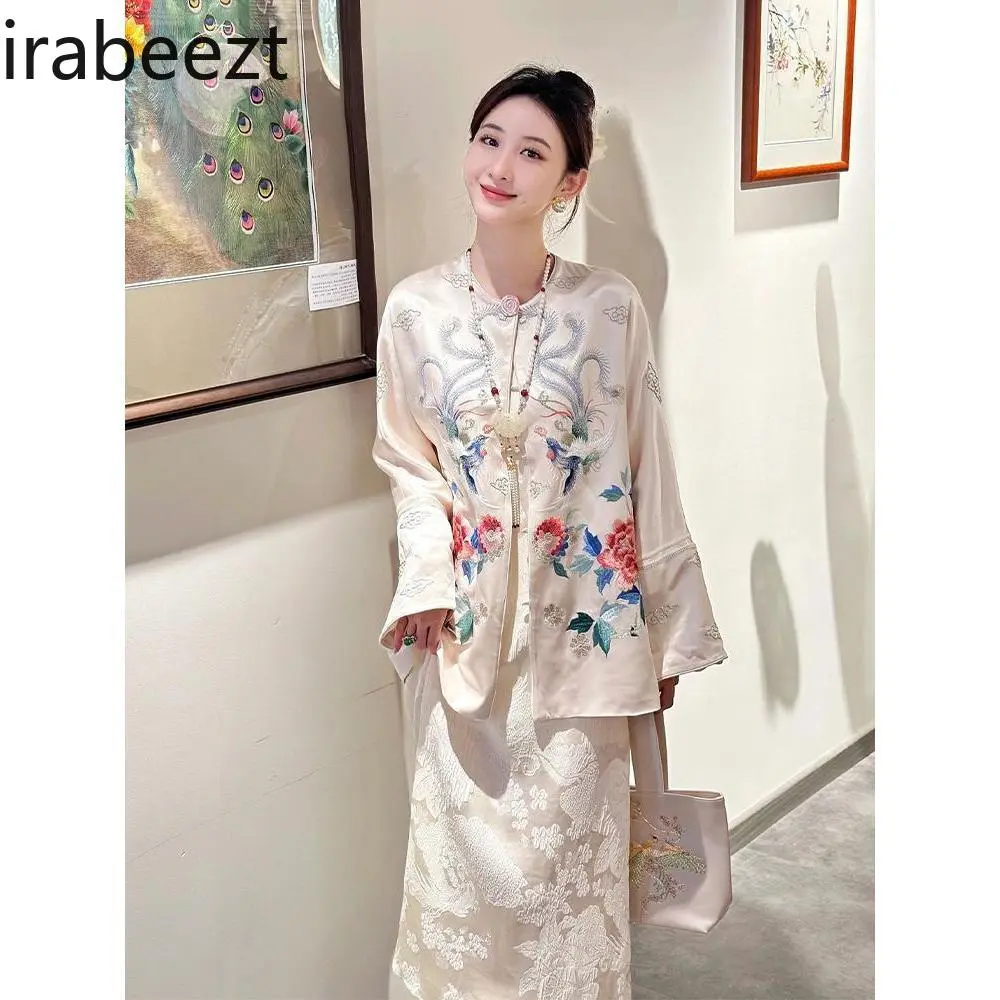 2025 New Chinese Style Women's Outfit - Elegant Zen Boho Two-Piece Set with Embroidered Top & Flowy Skirt Autumn Collection