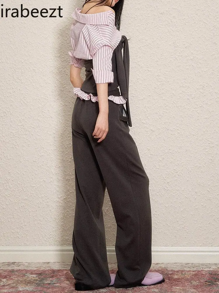 Spring 2025 New Women's Two-Piece Set - Contrast Color-Block Striped Top with Strappy Details & Lace-Trimmed Waist Sweatpants