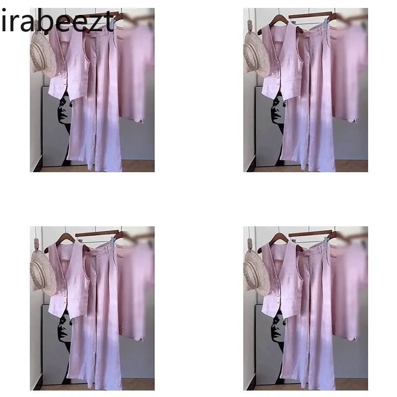 Luxury Pink Linen Suit Women 2025 - Elegant Summer Vest & Pants Set Holiday Outfit Casual Chic​  Two Piece Set Women