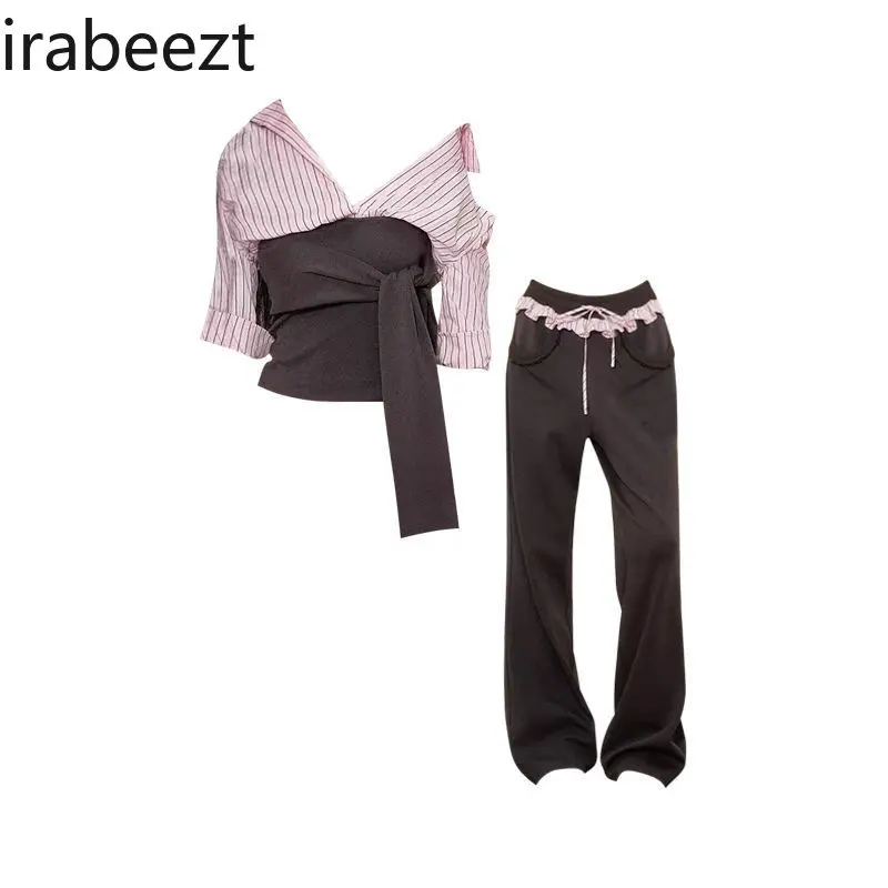 Spring 2025 New Women's Two-Piece Set - Contrast Color-Block Striped Top with Strappy Details & Lace-Trimmed Waist Sweatpants