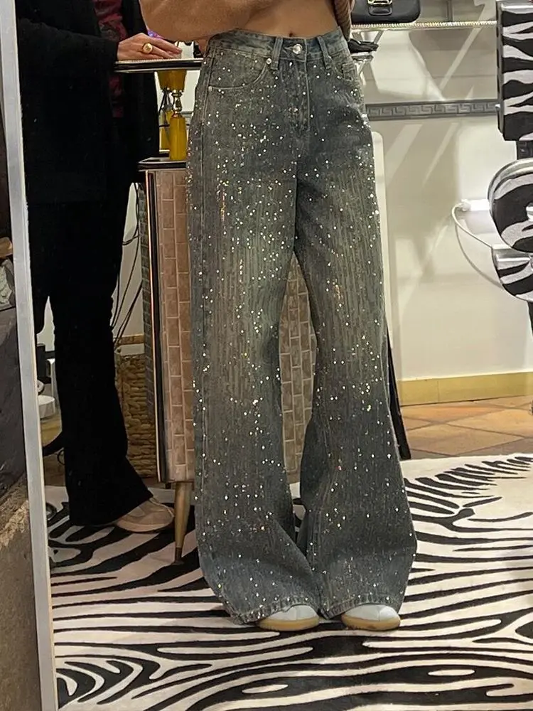 American Retro Large Size Starry Sky Diamond Patchwork Jeans for Women Hot Girl Design Shiny Bright Mopping Pants