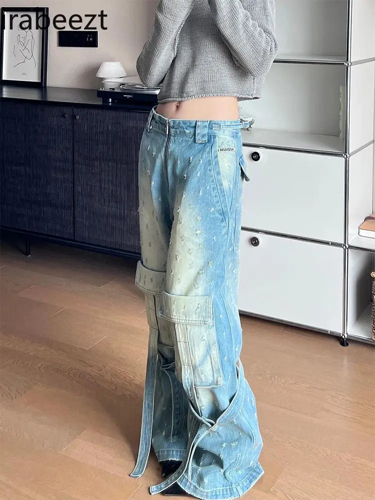 American Retro Washed Distressed Ripped Jeans for Men and Women Summer Design Niche Strappy Workwear Mopping Pants