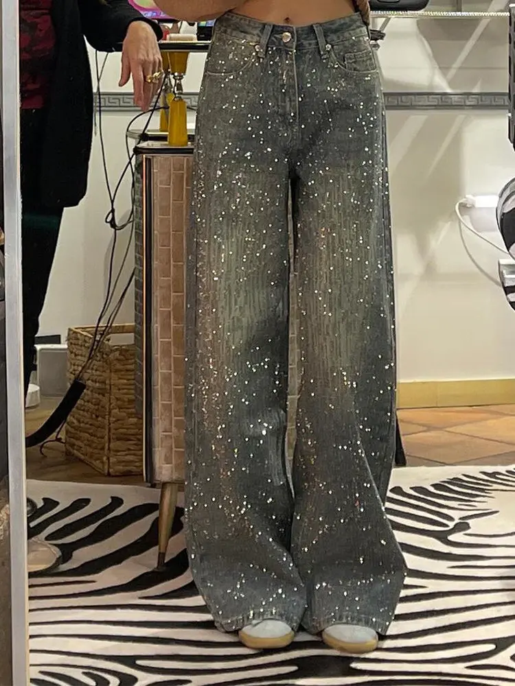 American Retro Large Size Starry Sky Diamond Patchwork Jeans for Women Hot Girl Design Shiny Bright Mopping Pants