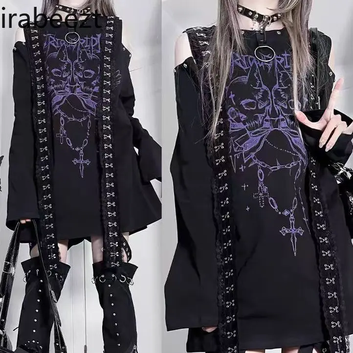 Gothic Oversized Long Sleeve T-Shirt Women Asymmetrical Off Shoulder Top Y2K Grunge Aesthetic Dark Print Loose Fit Fall Fashion