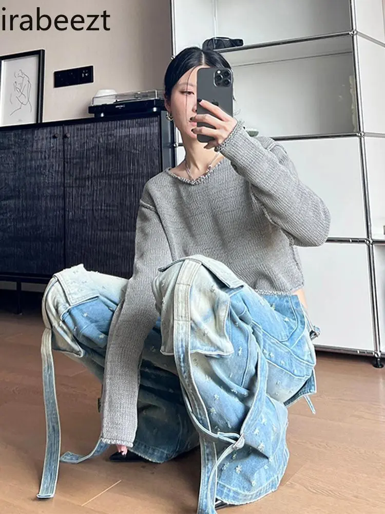 American Retro Washed Distressed Ripped Jeans for Men and Women Summer Design Niche Strappy Workwear Mopping Pants