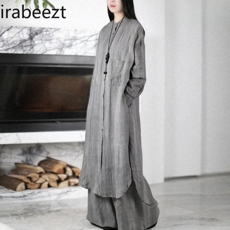 Women's Loose-Fit Oversized Linen Zen Buddhist Shirt & Palazzo Pants Set - Vintage Flowy Boho Linen Long Overalls for Yoga