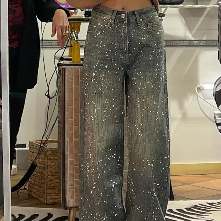 American Retro Large Size Starry Sky Diamond Patchwork Jeans for Women Hot Girl Design Shiny Bright Mopping Pants