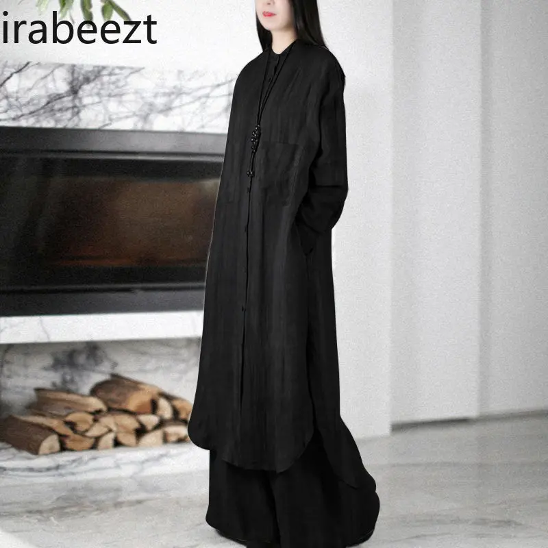 Women's Loose-Fit Oversized Linen Zen Buddhist Shirt & Palazzo Pants Set - Vintage Flowy Boho Linen Long Overalls for Yoga