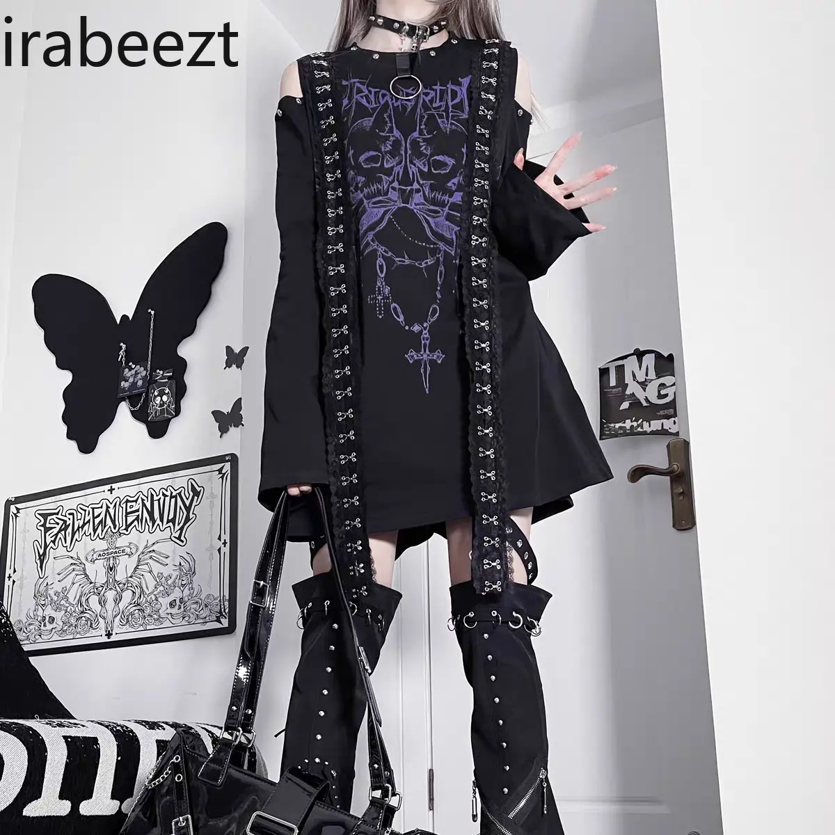 Gothic Oversized Long Sleeve T-Shirt Women Asymmetrical Off Shoulder Top Y2K Grunge Aesthetic Dark Print Loose Fit Fall Fashion
