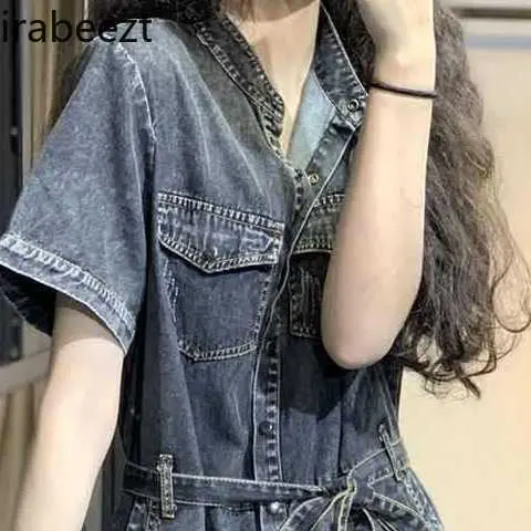 Loose Denim Jumpsuit Women Stand Collar Half Button Casual Korean Romper 2025 Summer Distressed Overalls