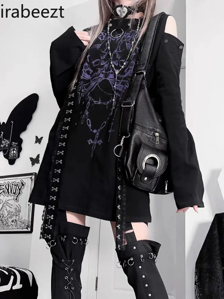 Gothic Oversized Long Sleeve T-Shirt Women Asymmetrical Off Shoulder Top Y2K Grunge Aesthetic Dark Print Loose Fit Fall Fashion