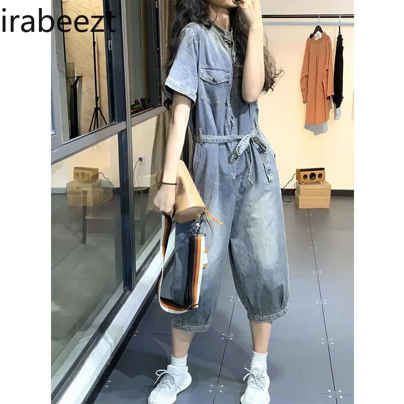 Loose Denim Jumpsuit Women Stand Collar Half Button Casual Korean Romper 2025 Summer Distressed Overalls
