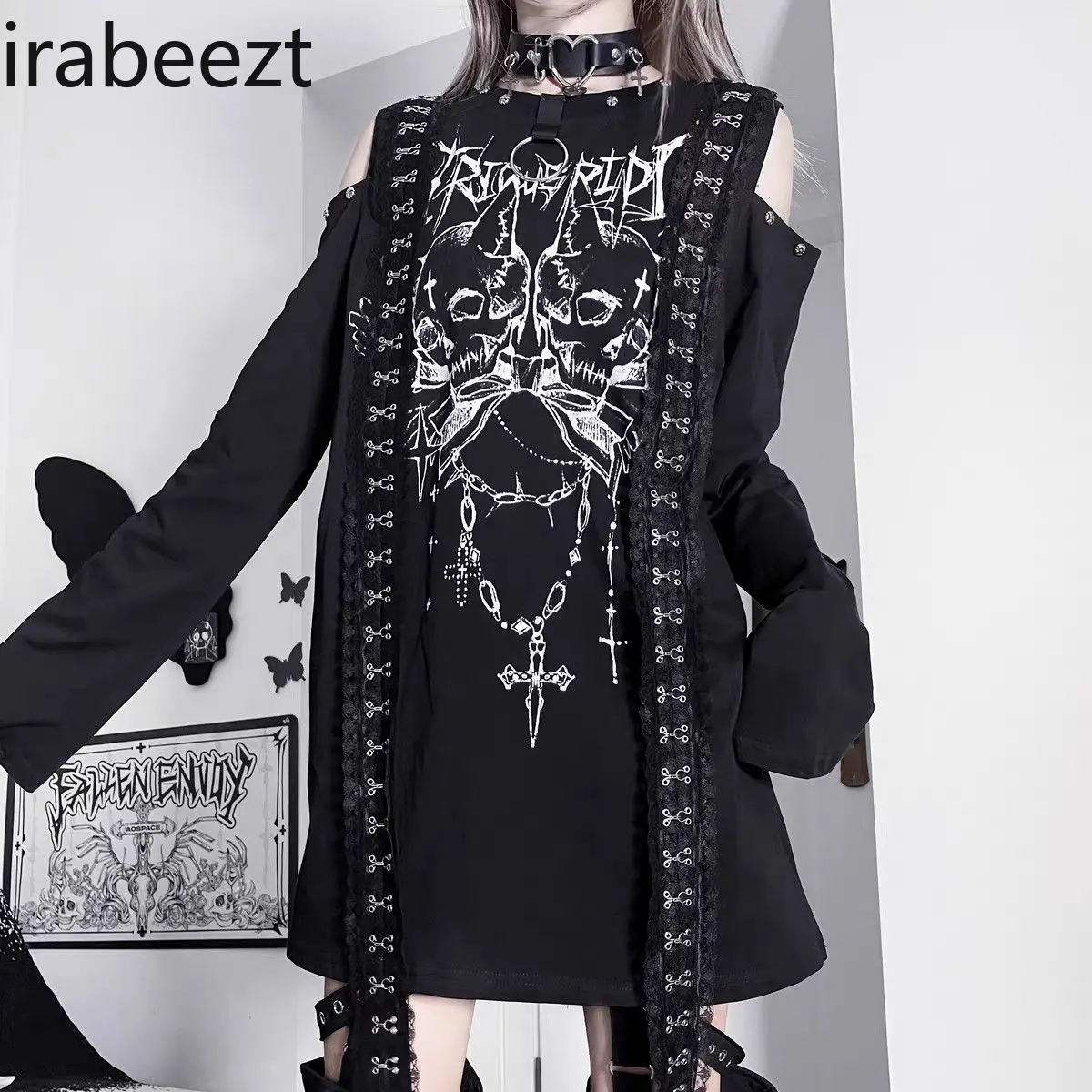 Gothic Oversized Long Sleeve T-Shirt Women Asymmetrical Off Shoulder Top Y2K Grunge Aesthetic Dark Print Loose Fit Fall Fashion