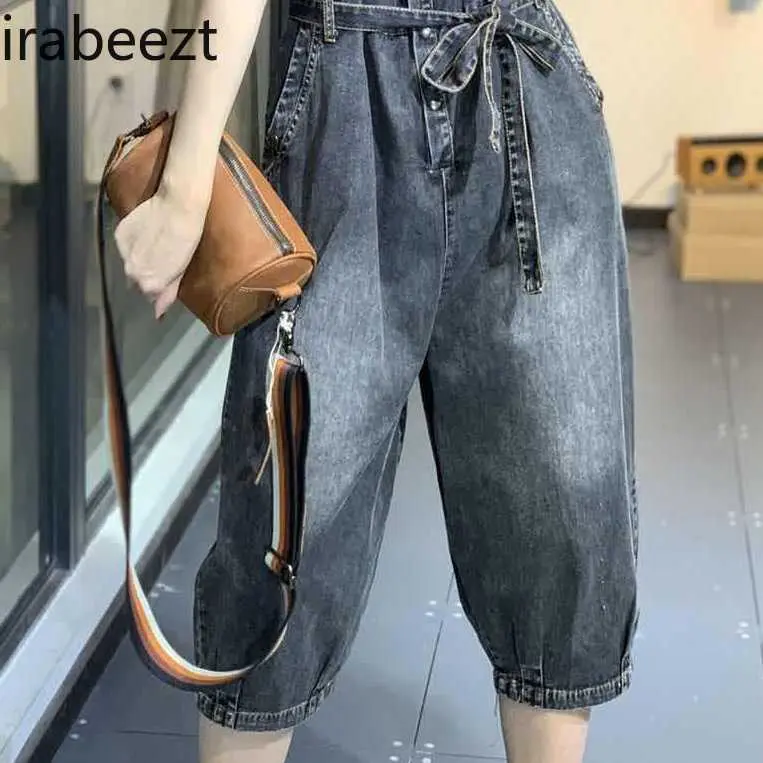 Loose Denim Jumpsuit Women Stand Collar Half Button Casual Korean Romper 2025 Summer Distressed Overalls