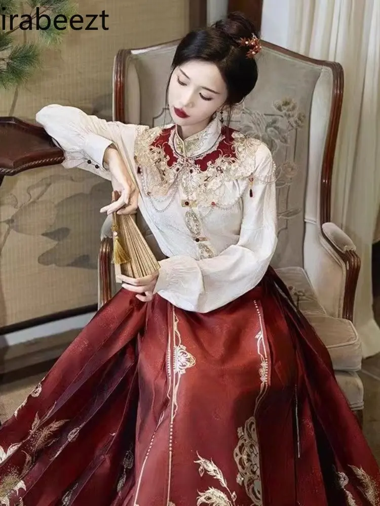 2025 New Chinese Style Hanfu Embroidered Top Printed Horse-faced Skirt Cloud Shoulder Toast Engagement Dress Red Suit Women