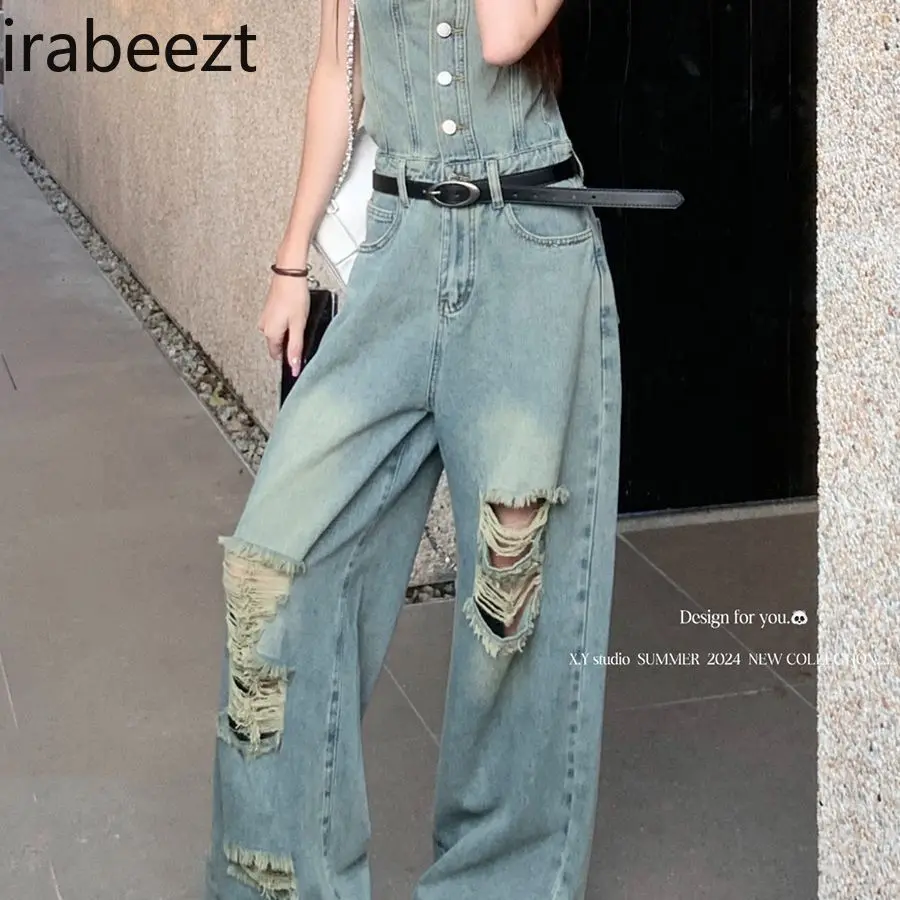 Relaxed Fit Distressed Denim Jumpsuit Wide Leg Romper Sleeveless Vest Casual Boho Vintage Style Overalls One Piece Outfit