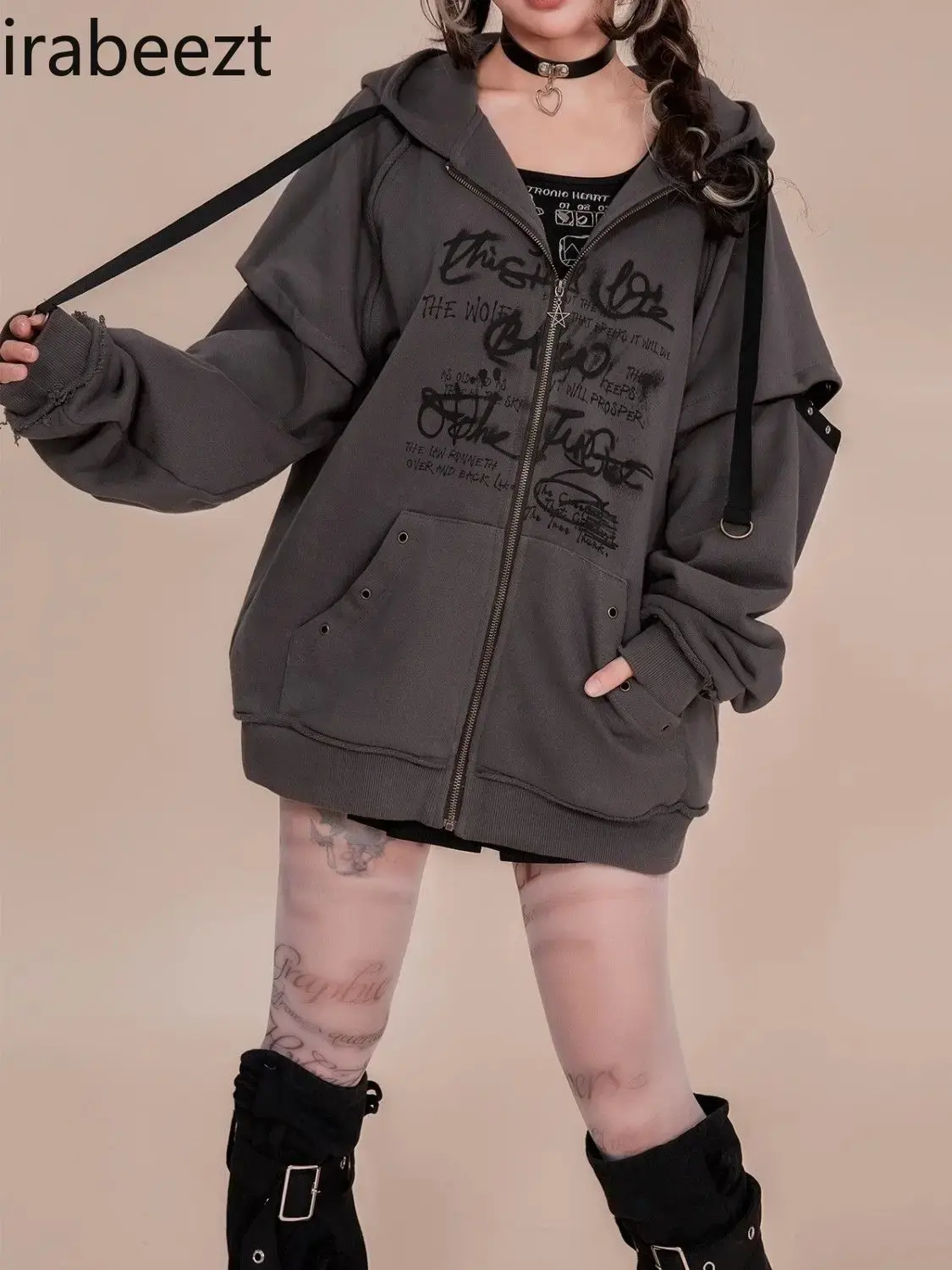 Hooded and Velvet Hoodie Female Autumn and Winter Graffiti Print Loose Couple Coat Loose Fit Streetwear Ladies Tops