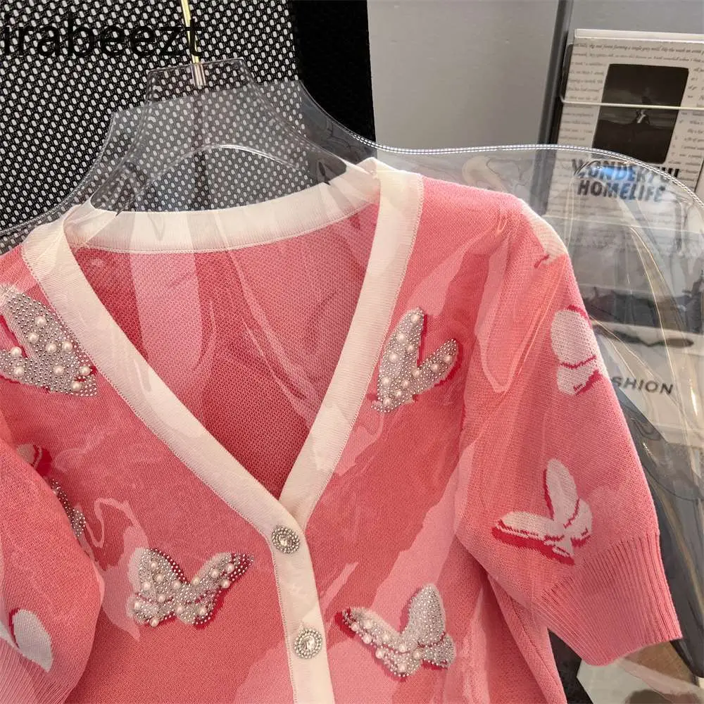 Women's Beaded Butterfly Knit Cardigan Short Sleeve T-Shirt Summer Sequined Blouse Elegant Pearl Embroidered Top Boho Chic