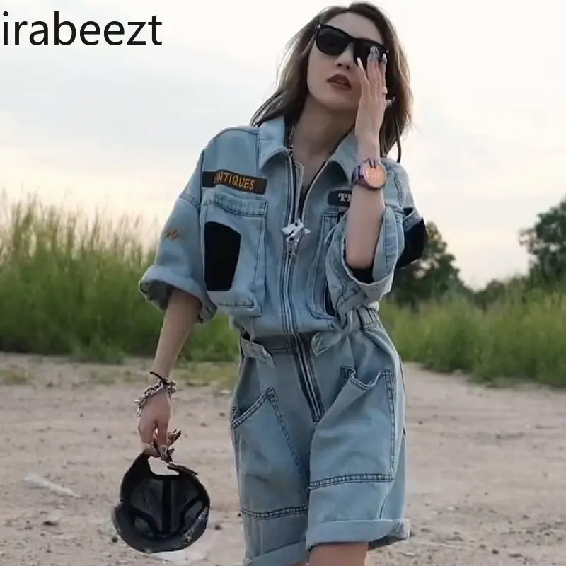 Women's Embroidered Denim Jumpsuit Shorts Polo Collar Oversized BF Style Workwear Summer Casual Romper with Heavy Duty Zipper