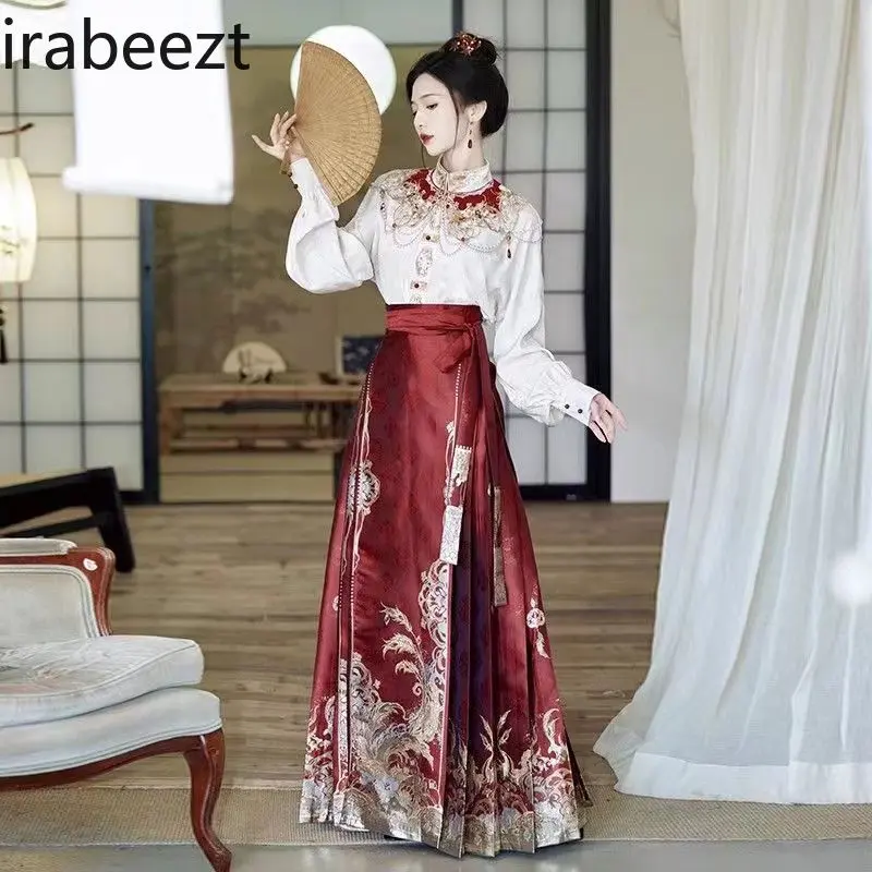 2025 New Chinese Style Hanfu Embroidered Top Printed Horse-faced Skirt Cloud Shoulder Toast Engagement Dress Red Suit Women