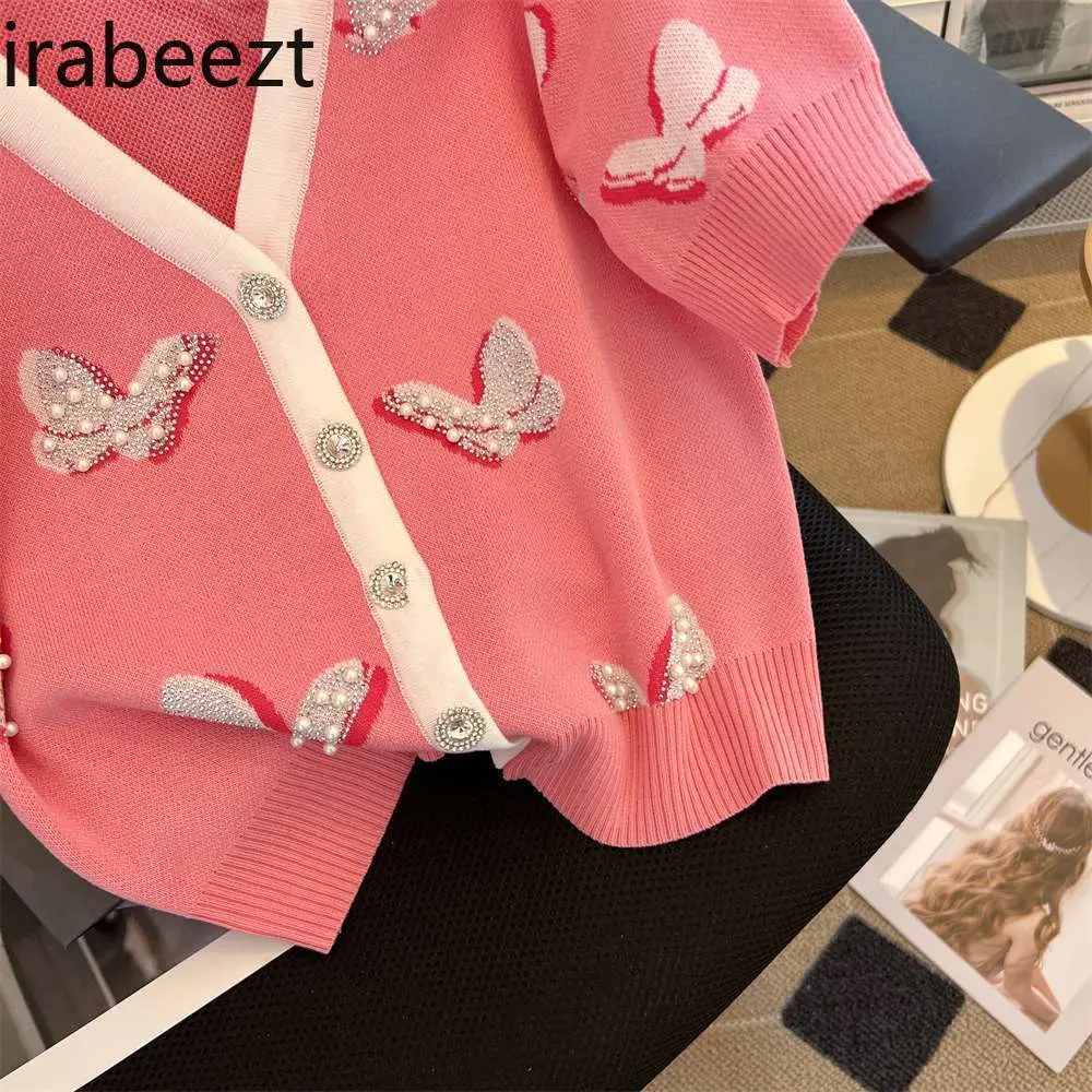 Women's Beaded Butterfly Knit Cardigan Short Sleeve T-Shirt Summer Sequined Blouse Elegant Pearl Embroidered Top Boho Chic