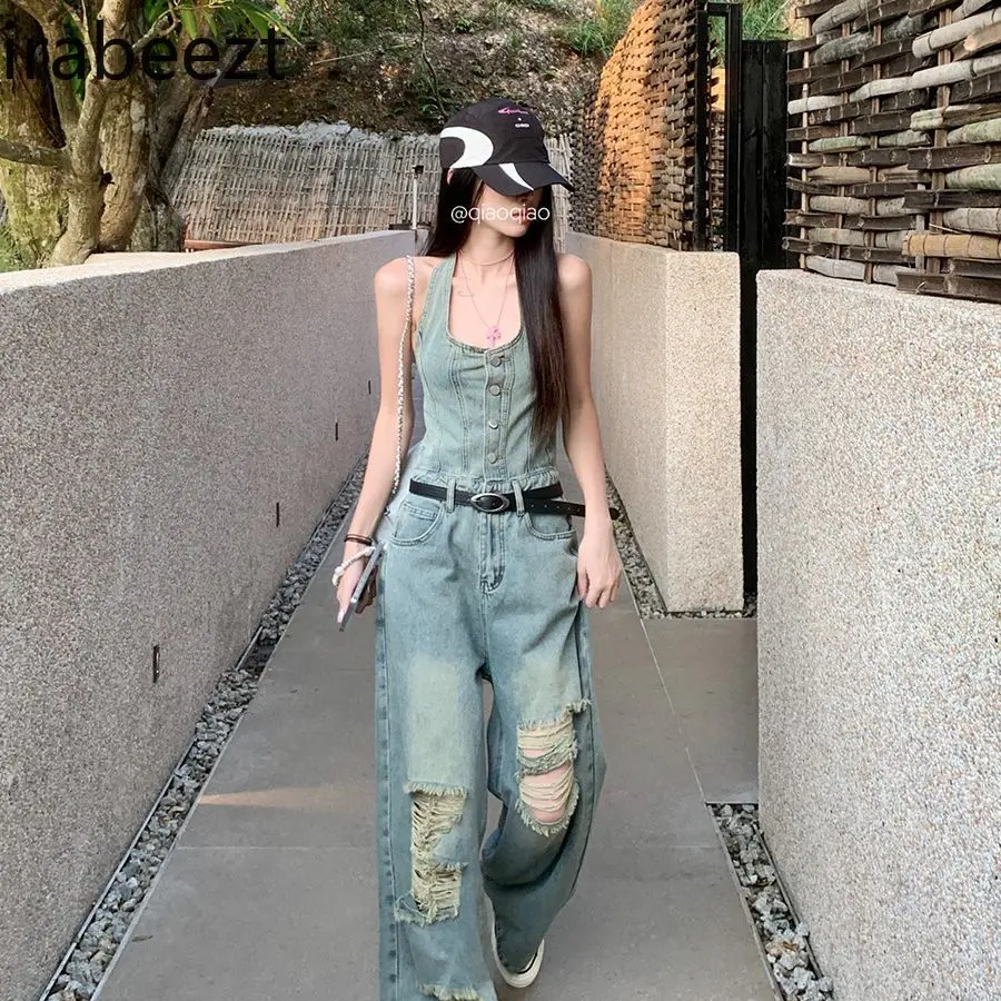 Relaxed Fit Distressed Denim Jumpsuit Wide Leg Romper Sleeveless Vest Casual Boho Vintage Style Overalls One Piece Outfit
