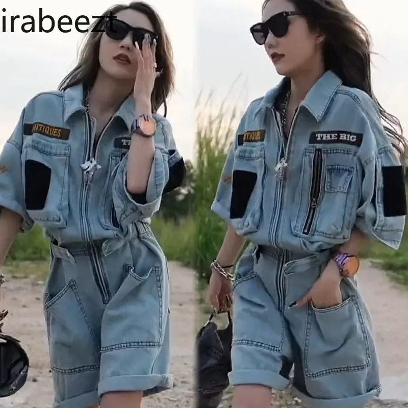 Women's Embroidered Denim Jumpsuit Shorts Polo Collar Oversized BF Style Workwear Summer Casual Romper with Heavy Duty Zipper