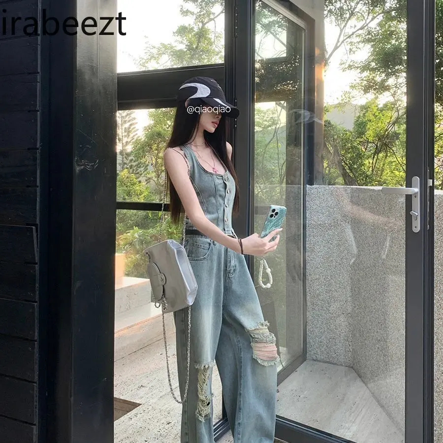 Relaxed Fit Distressed Denim Jumpsuit Wide Leg Romper Sleeveless Vest Casual Boho Vintage Style Overalls One Piece Outfit
