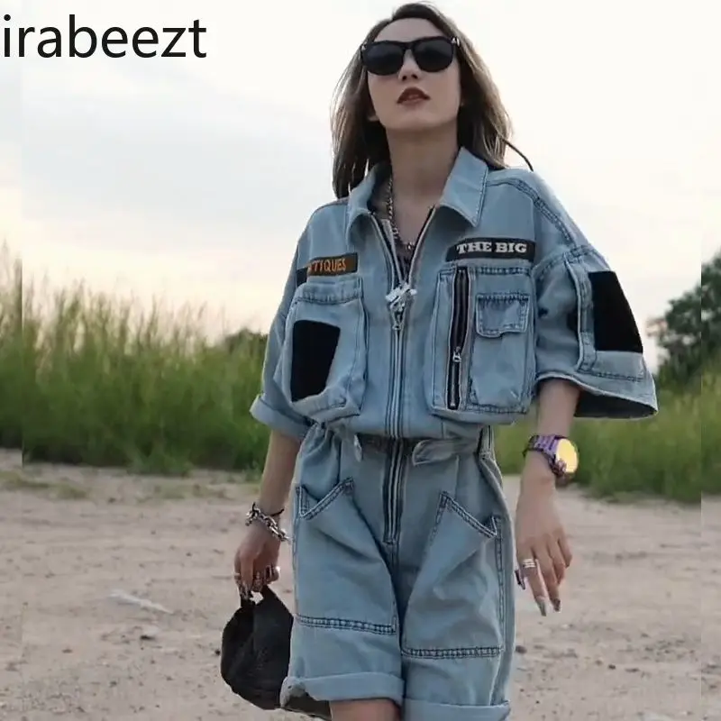 Women's Embroidered Denim Jumpsuit Shorts Polo Collar Oversized BF Style Workwear Summer Casual Romper with Heavy Duty Zipper