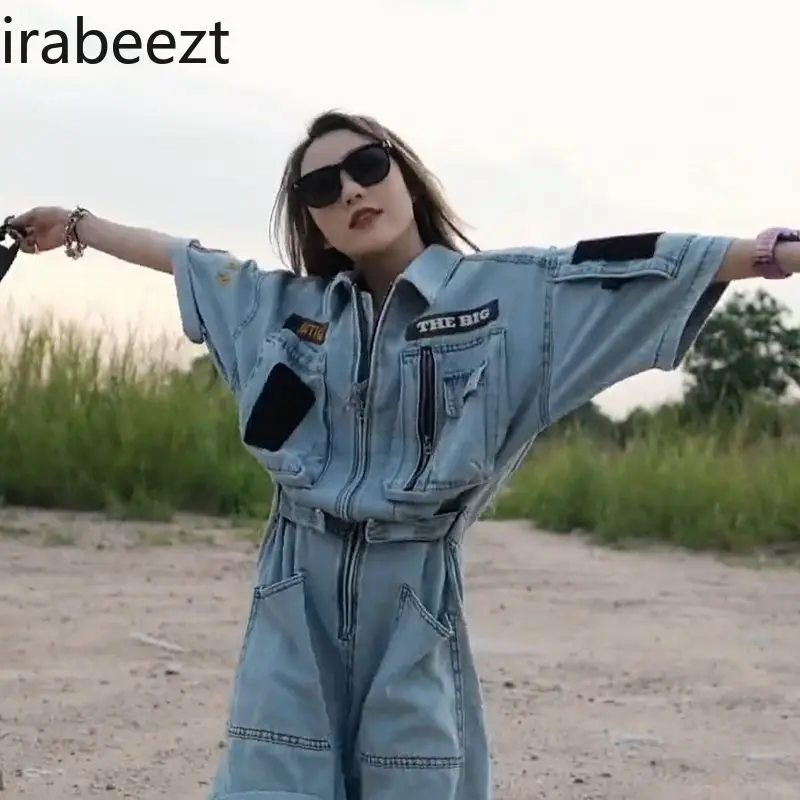 Women's Embroidered Denim Jumpsuit Shorts Polo Collar Oversized BF Style Workwear Summer Casual Romper with Heavy Duty Zipper