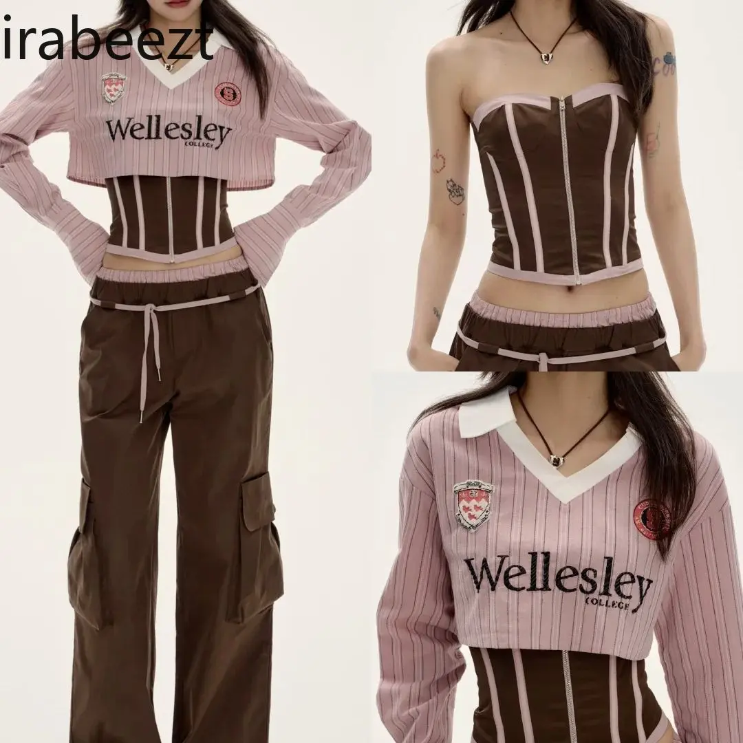 American Hot Girl Design Contrast Color V-neck Striped Short Shirt Layered Zipper Tube Top Vest Female Two-piece Suit
