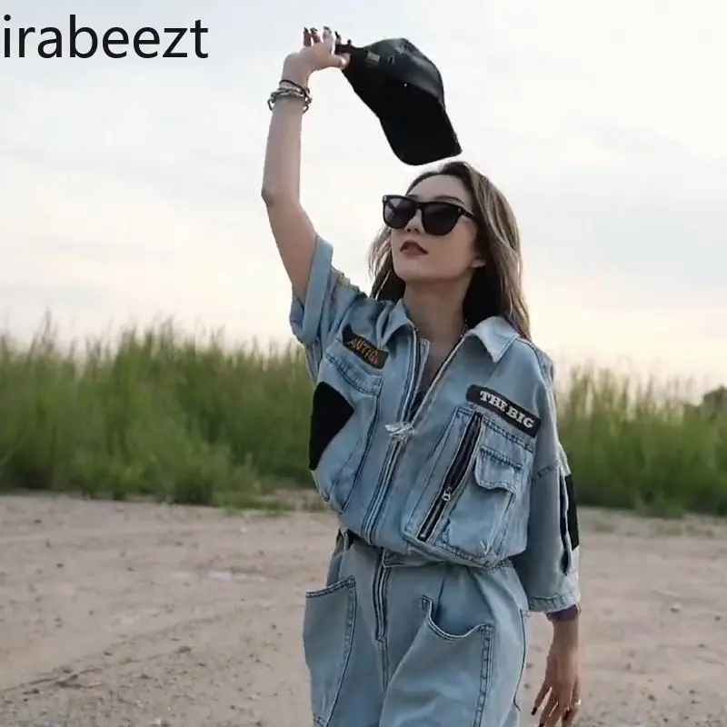 Women's Embroidered Denim Jumpsuit Shorts Polo Collar Oversized BF Style Workwear Summer Casual Romper with Heavy Duty Zipper