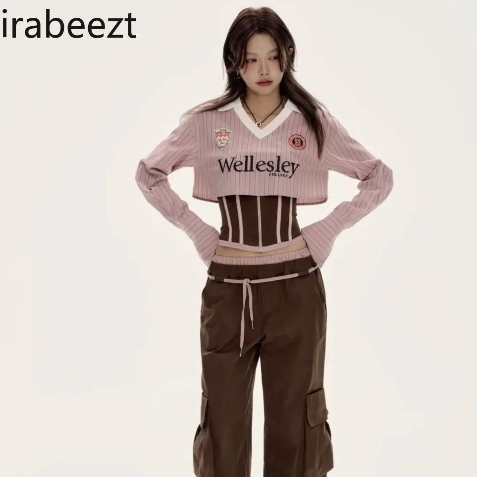 American Hot Girl Design Contrast Color V-neck Striped Short Shirt Layered Zipper Tube Top Vest Female Two-piece Suit