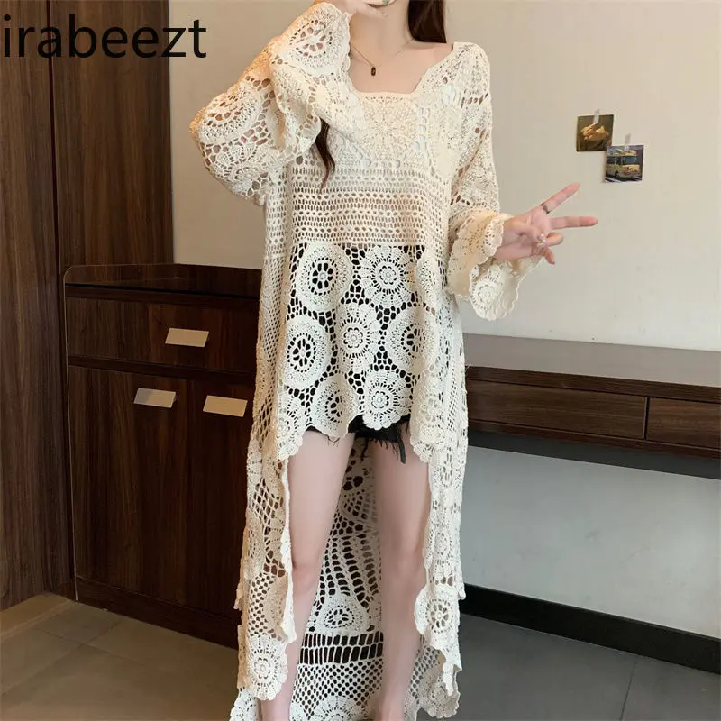 Plus Size Women's Clothing 2025 Summer Bohemian Hook Flower Hollow Front Short Back Long Knitted Cardigan Dress Korean Version